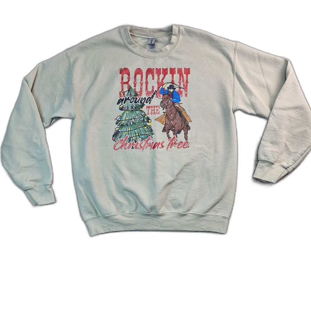 Gildan Rockin Around Christmas Tree Western Graphic Sweatshirt Small - Picture 2 of 9